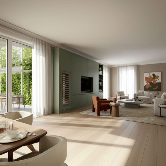 Cave à vin encastrable avec une porte technique intégrée dans un meuble sur mesure d'un salon - EuroCave Inspiration